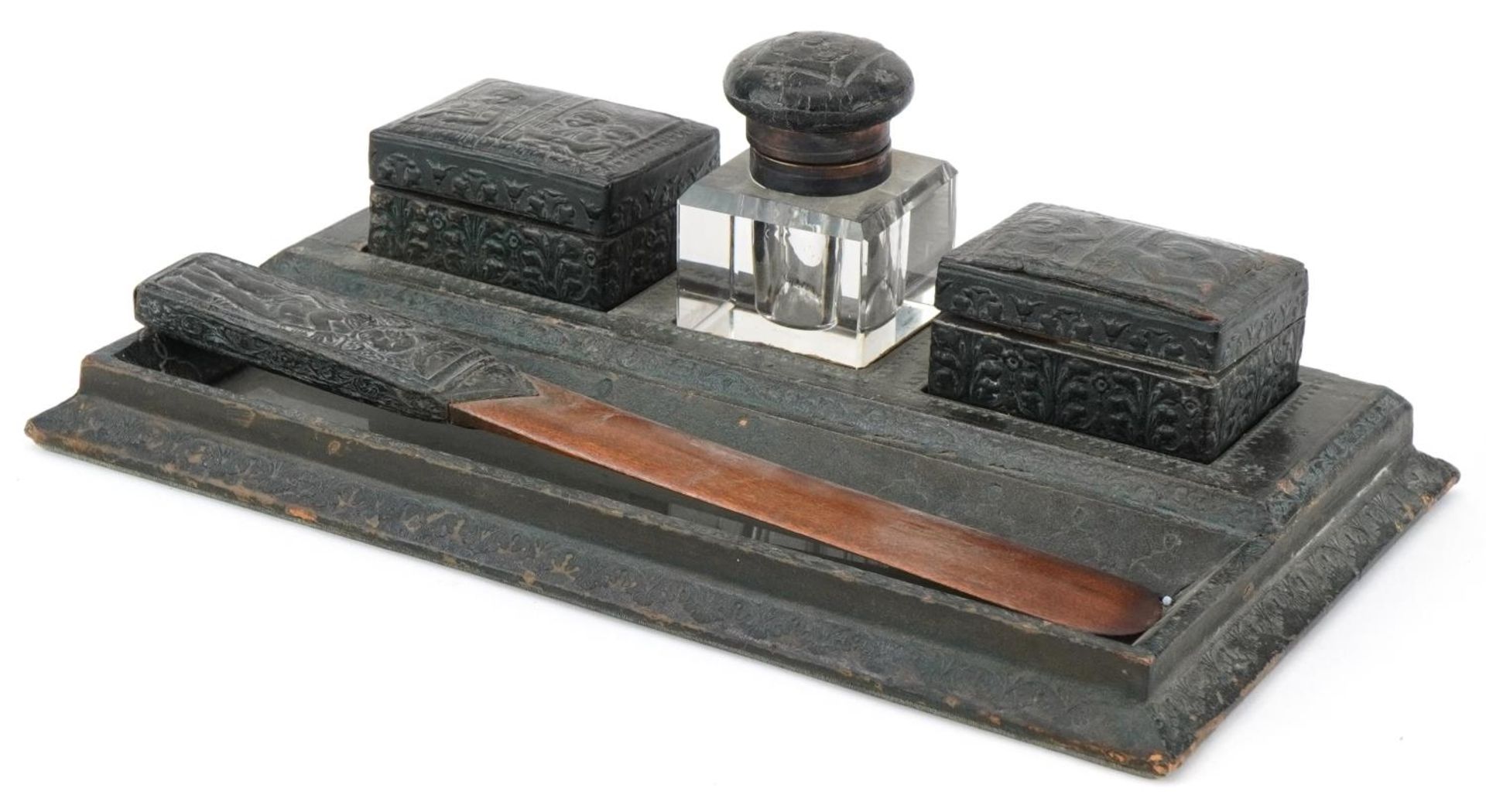 19th century European leather desk stand with two boxes, inkwell and letter opener embossed with