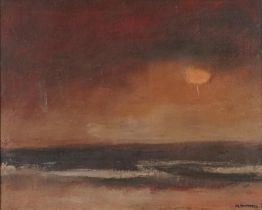 Fritz Bosteels - Atmospheric seascape, inscription and label verso, mounted and framed, 48cm x