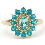 9ct gold blue topaz and diamond three tier cluster ring, size P, 2.6g