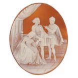 Victorian cameo shell panel carved with figures on a balcony, 5.5cm high, 10.0g