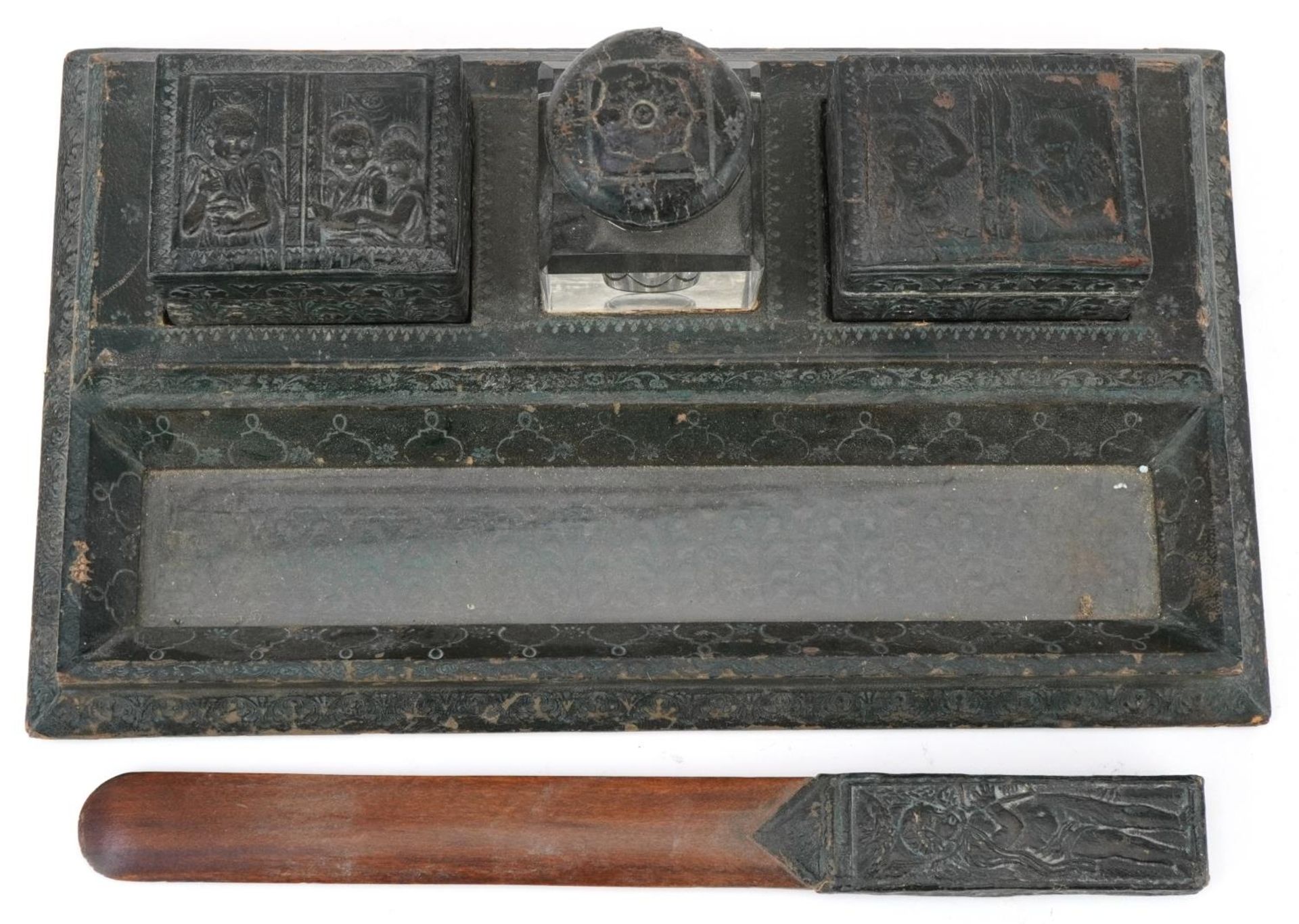 19th century European leather desk stand with two boxes, inkwell and letter opener embossed with - Image 4 of 6