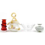 Art glassware including a Stuart crystal bowl by Jasper Conran, Mdina vase and basket, 20cm high