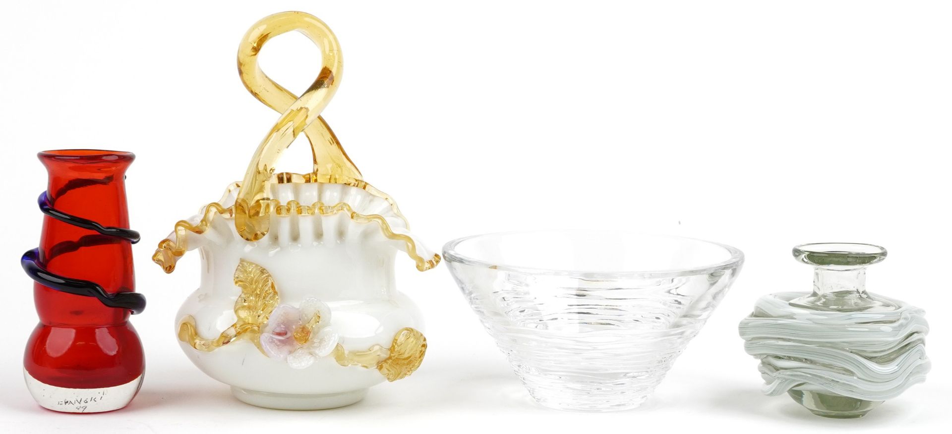 Art glassware including a Stuart crystal bowl by Jasper Conran, Mdina vase and basket, 20cm high