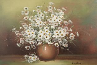 Nancy Lee - Oil of on canvas daisies in a vase in an ornate gilt frame, 75cms x 50cms excluding