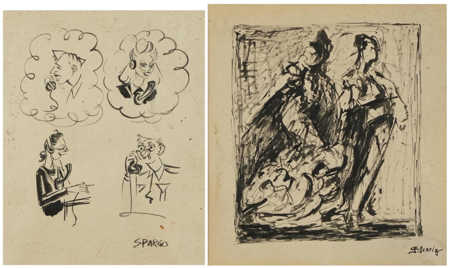 Caricatures and two figures, two ink sketches, one signed Spargo, the other Ocariz, mounted and