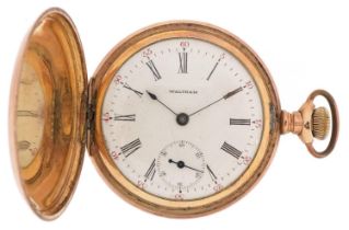 Waltham, gentlemen's gold plated keyless full hunter pocket watch having enamelled and subsidiary