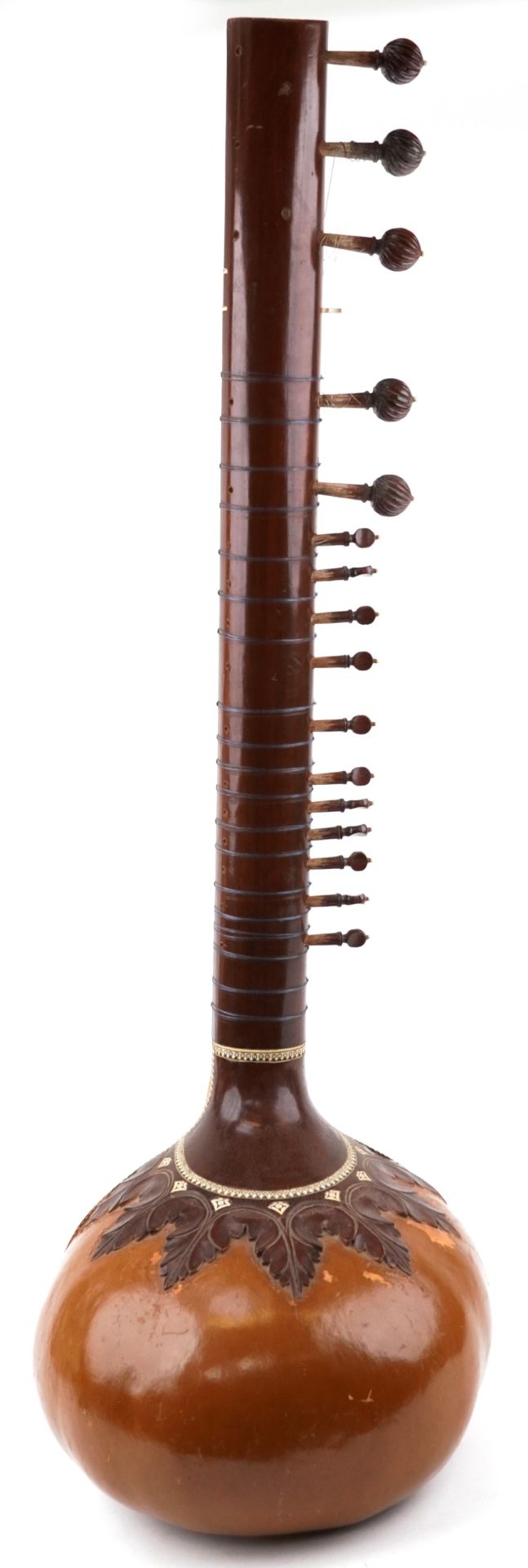 Indian hardwood, nut, ivorine and bone four string sitar, 126cm in length - Image 2 of 4