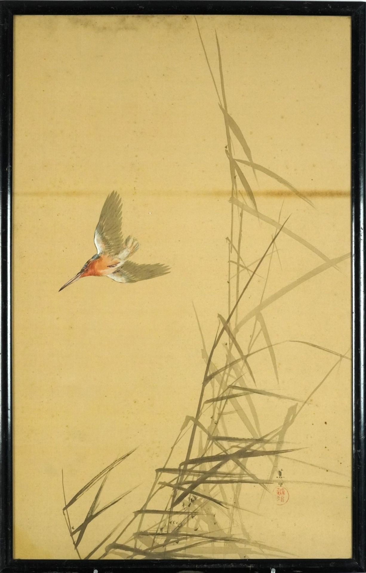 Kingfisher amongst reeds, Japanese heightened watercolour on silk, signed with calligraphy and red - Image 2 of 4