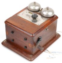 Early 20th century mahogany telephone bell box, Bell set No 20 mark 235, 23cms x 20cms