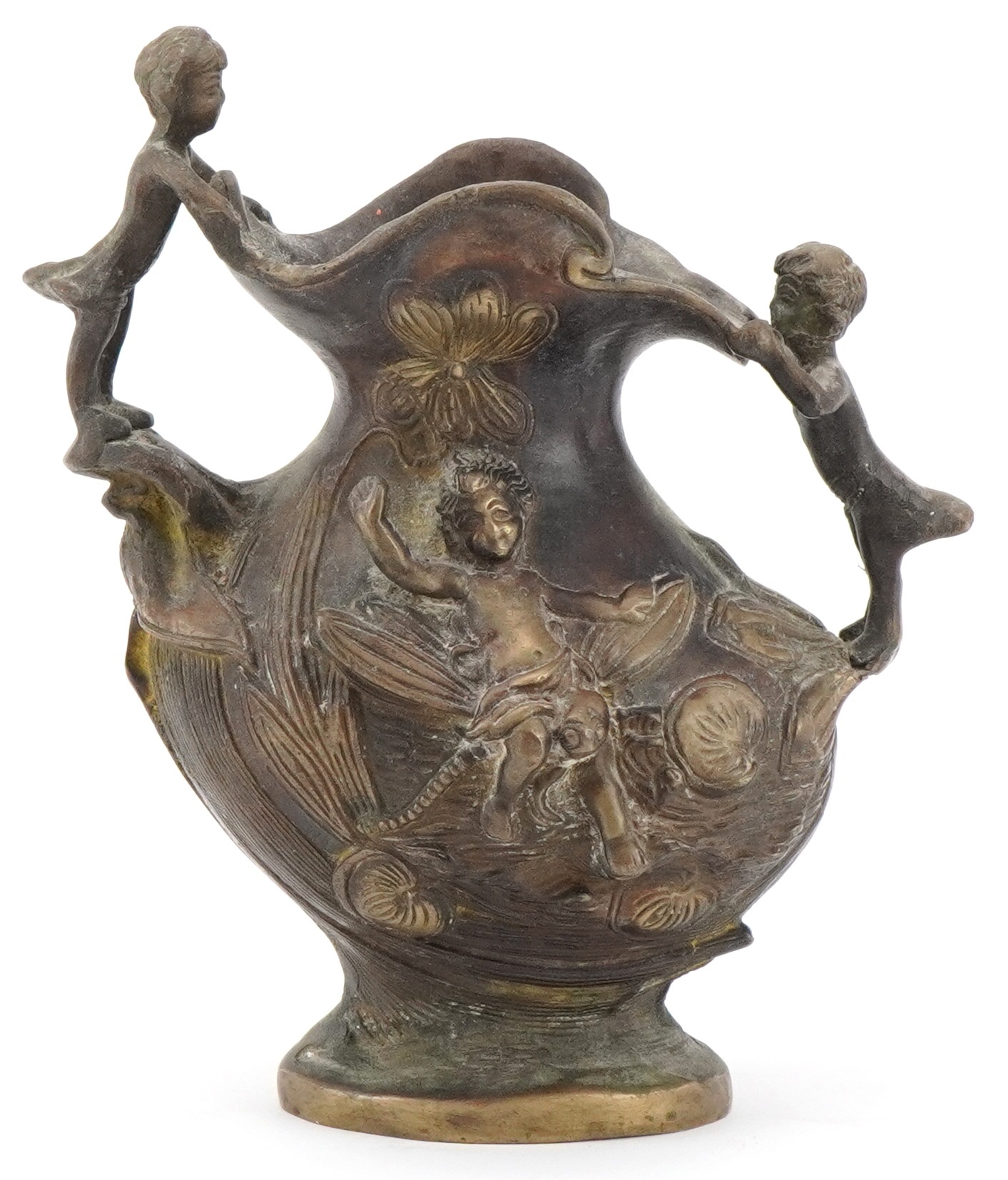 19th century classical patinated bronze jug surmounted and decorated in relief with children and - Image 2 of 4