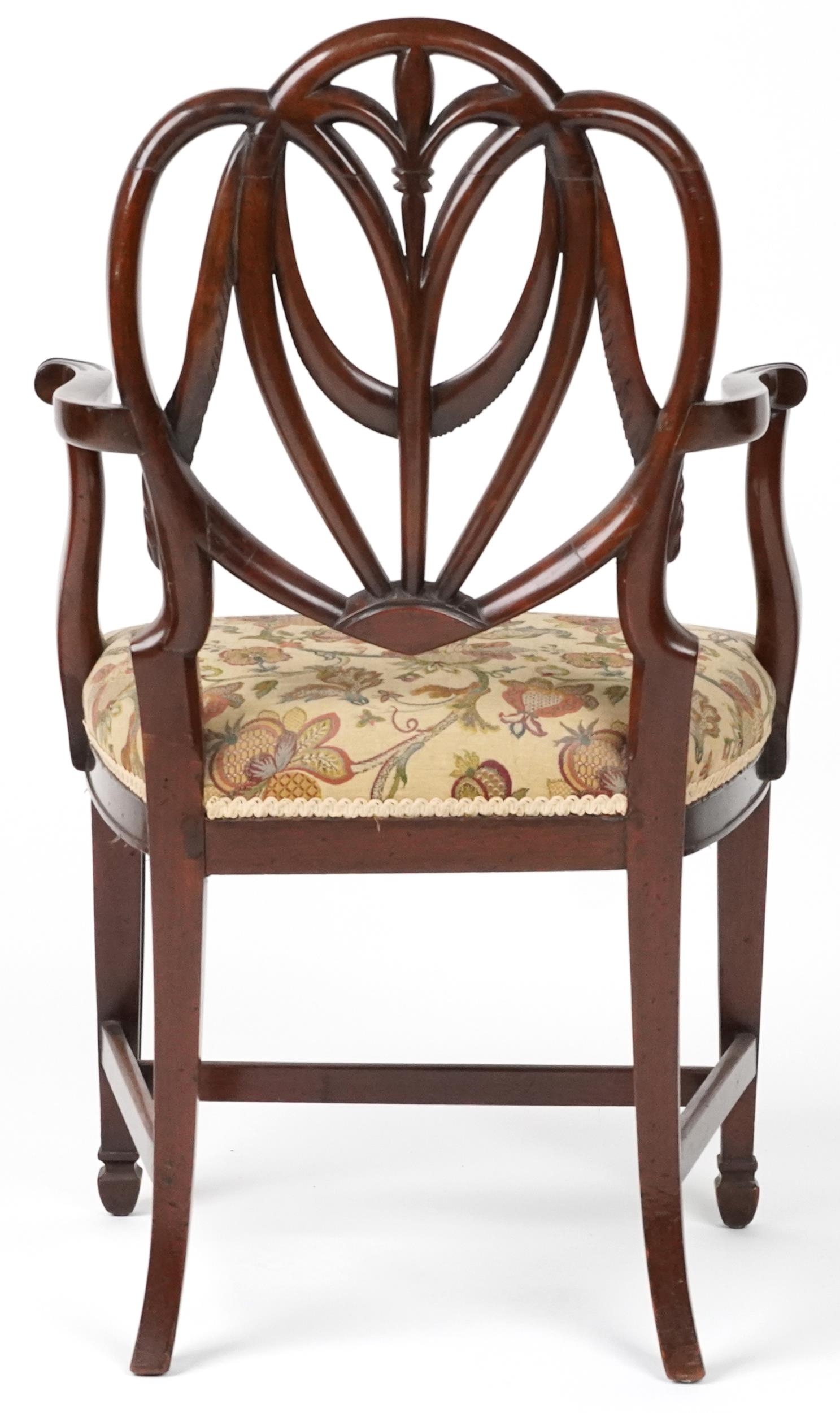 Victorian mahogany open armchair with tapestry upholstered cushioned seat on tapering legs, 98cm - Image 4 of 4