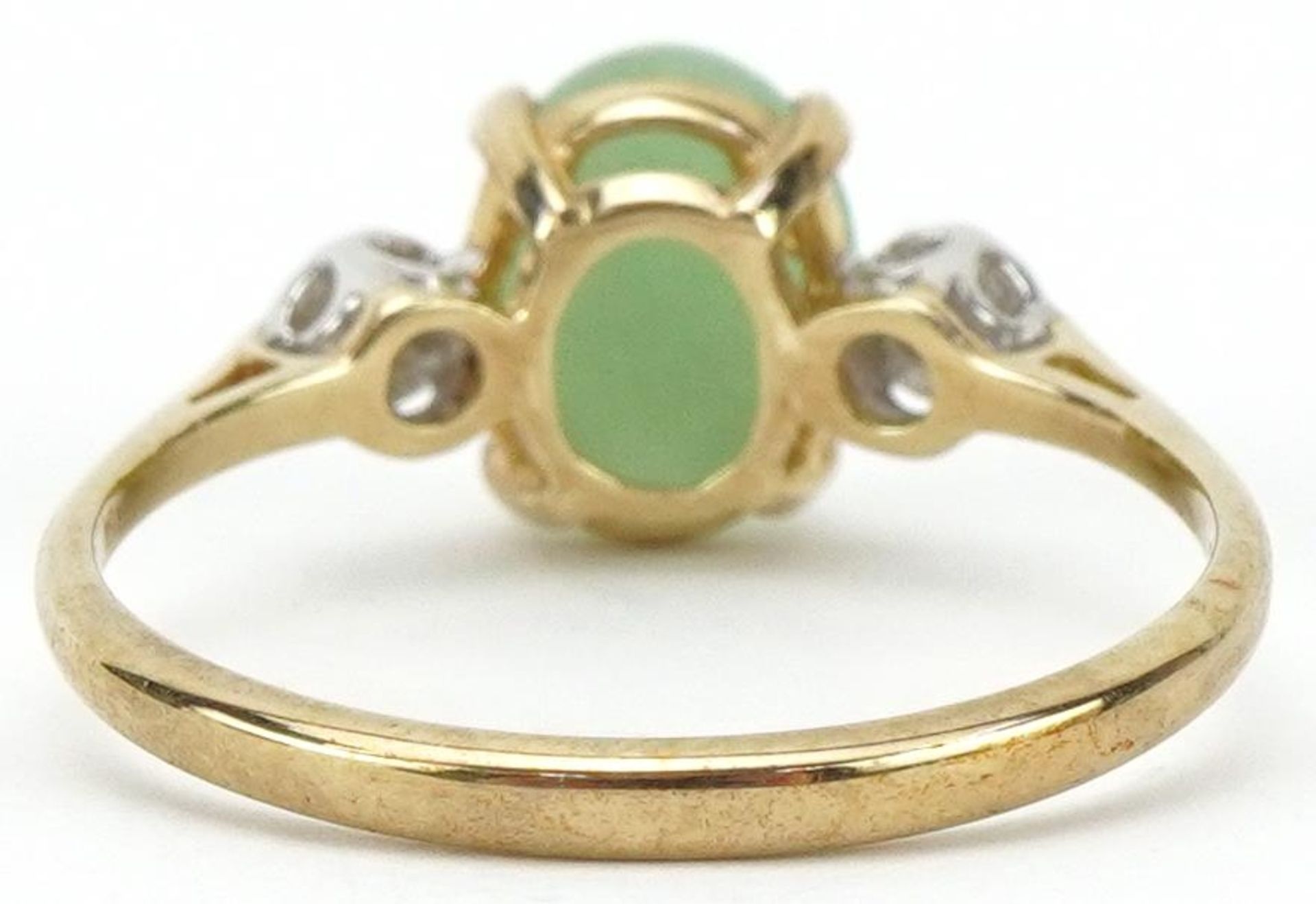 9ct gold cabochon green stone and diamond three stone ring, size Q, 2.2g - Image 2 of 5