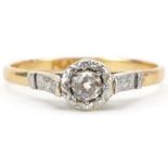 Art Deco 18ct gold and platinum diamond solitaire ring, the diamond approximately 0.20 carat, size