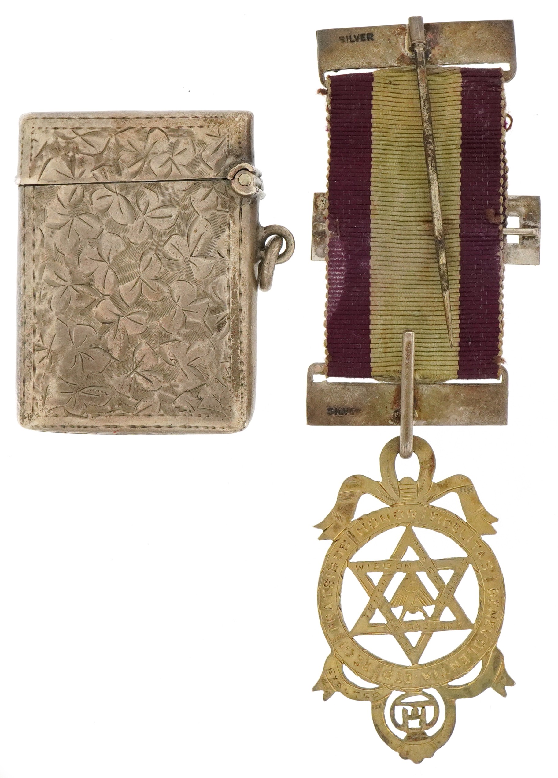 Silver objects comprising floral engraved vesta, floral engraved bracelet and a masonic jewel with - Image 3 of 7