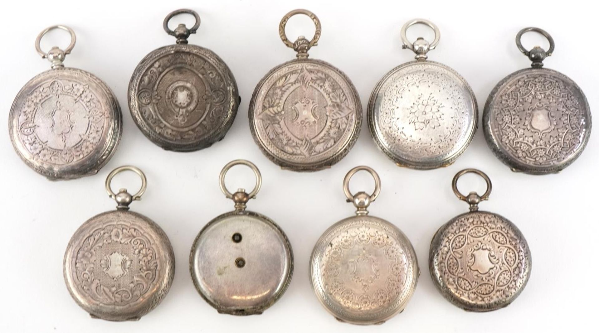 Nine ladies silver open face pocket watches, each having enamelled dial with Roman numerals, the - Bild 4 aus 5