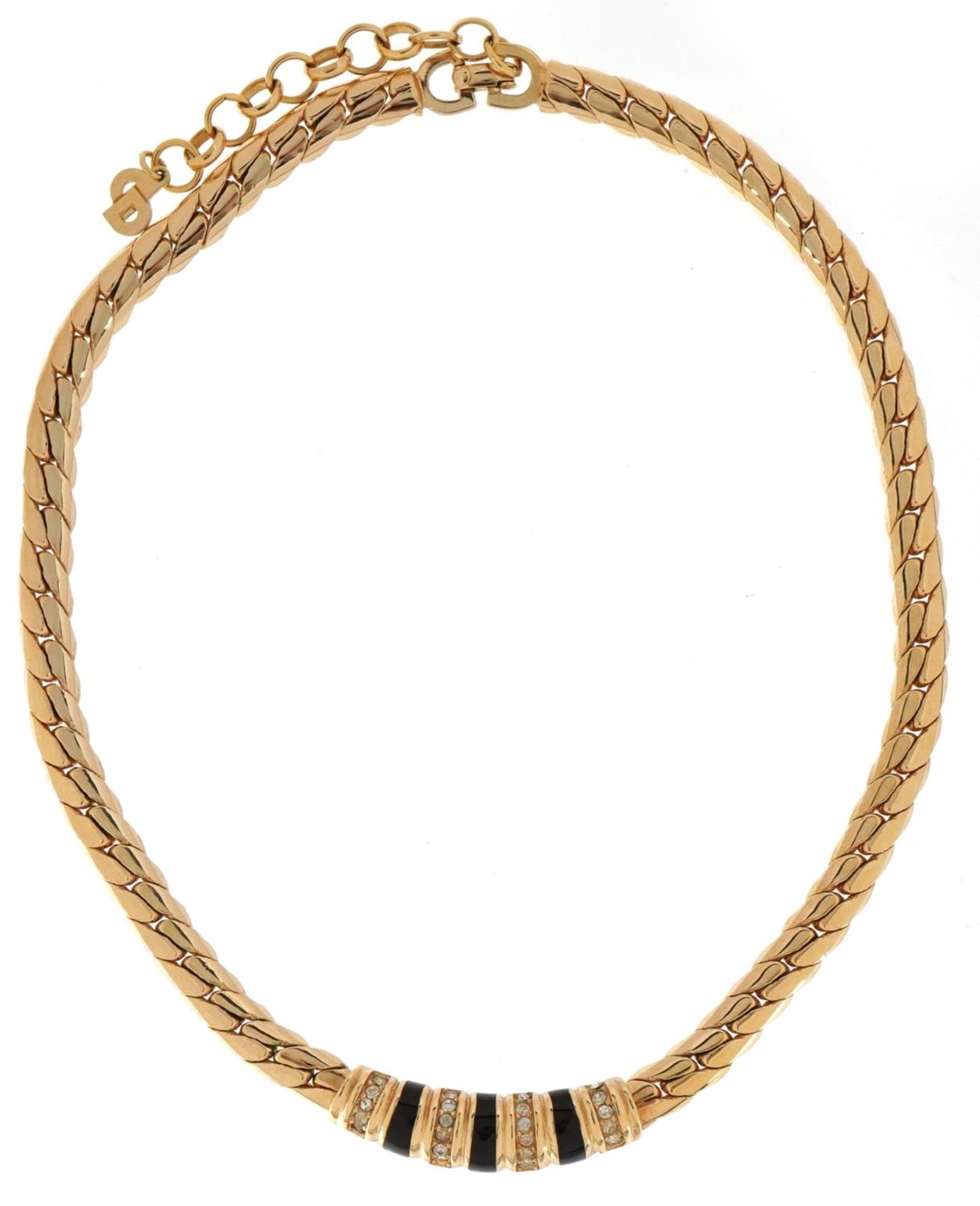 Christian Dior, vintage gold plated black enamel and clear stone necklace, 40cm in length, 44.7g - Bild 2 aus 4