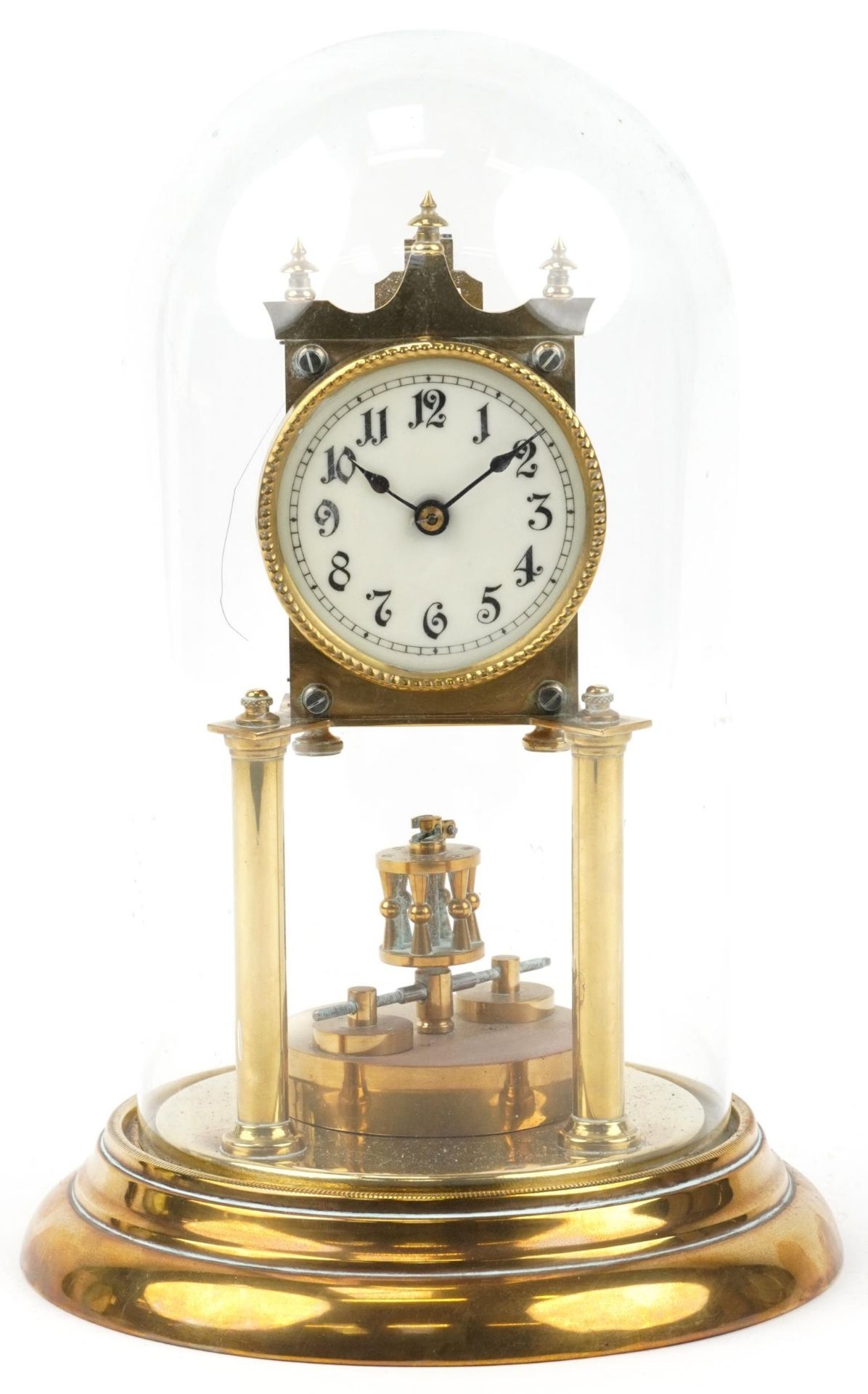 Early 20th century brass anniversary clock with glass dome numbered 124588 to the back plate, 30cm
