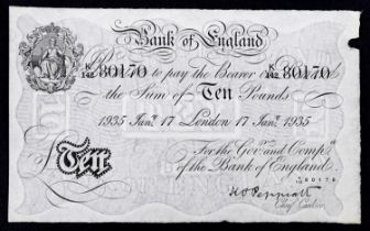 Bank of England 1935 white ten pound note, Chief Cashier K O Peppiatt, serial number 142K 80170