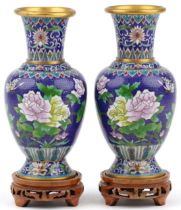 Pair of Chinese cloisonne vases raised on hardwood stands, each enamelled with butterflies amongst