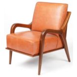 Scandinavian design hardwood lounge chair having tan upholstered back and seat, 86cm H x 62.5cm W