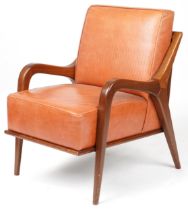 Scandinavian design hardwood lounge chair having tan upholstered back and seat, 86cm H x 62.5cm W