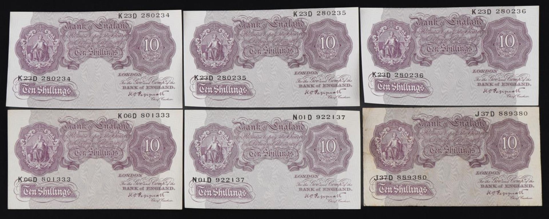 Six Bank of England ten shilling notes, each Chief Cashier K O Peppiatt, including three with - Bild 2 aus 12