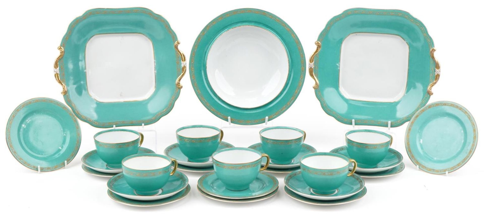 Dresden, 19th century German turquoise ground teaware with gilt floral bands, comprising six cups