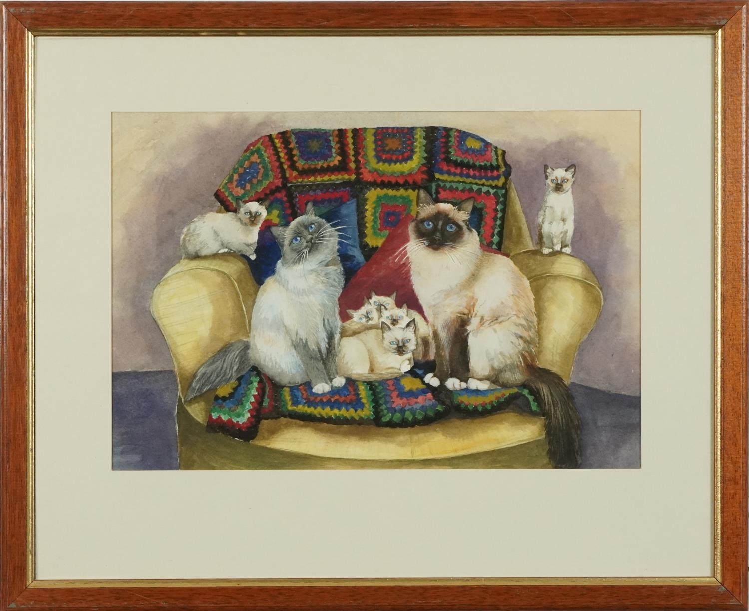 Cats on a sofa with crochet blanket, British school mixed media on paper, mounted and framed, 39cm x - Image 2 of 4