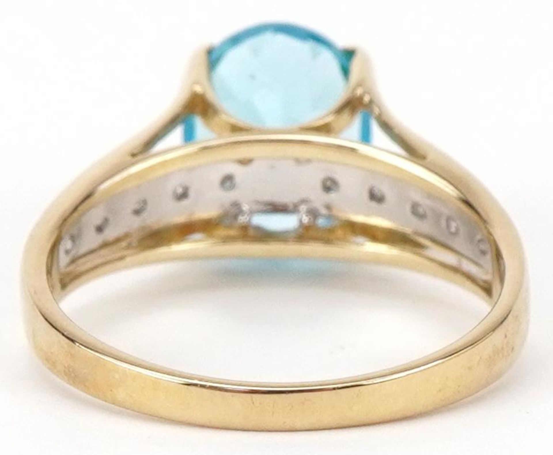 9ct gold blue topaz solitaire ring with diamond set shoulders, size P/Q, 3.3g - Image 2 of 5