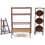 Occasional furniture including Victorian mahogany towel rail, three tier folding cake stand and