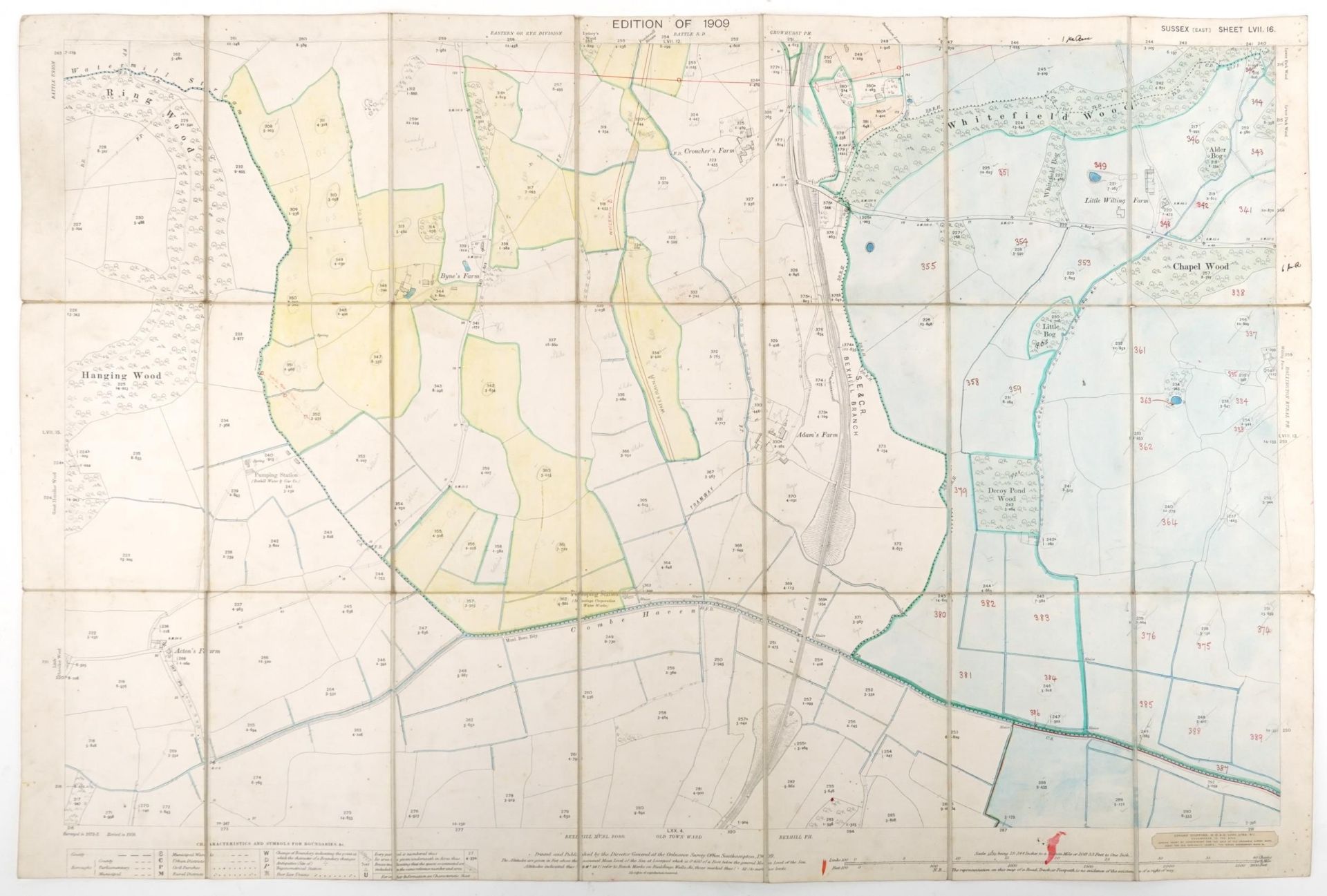 Nine Edwardian coloured folding maps of Sussex farms including Pebsham Farm, Court Lodge Farm, Upper - Image 6 of 21