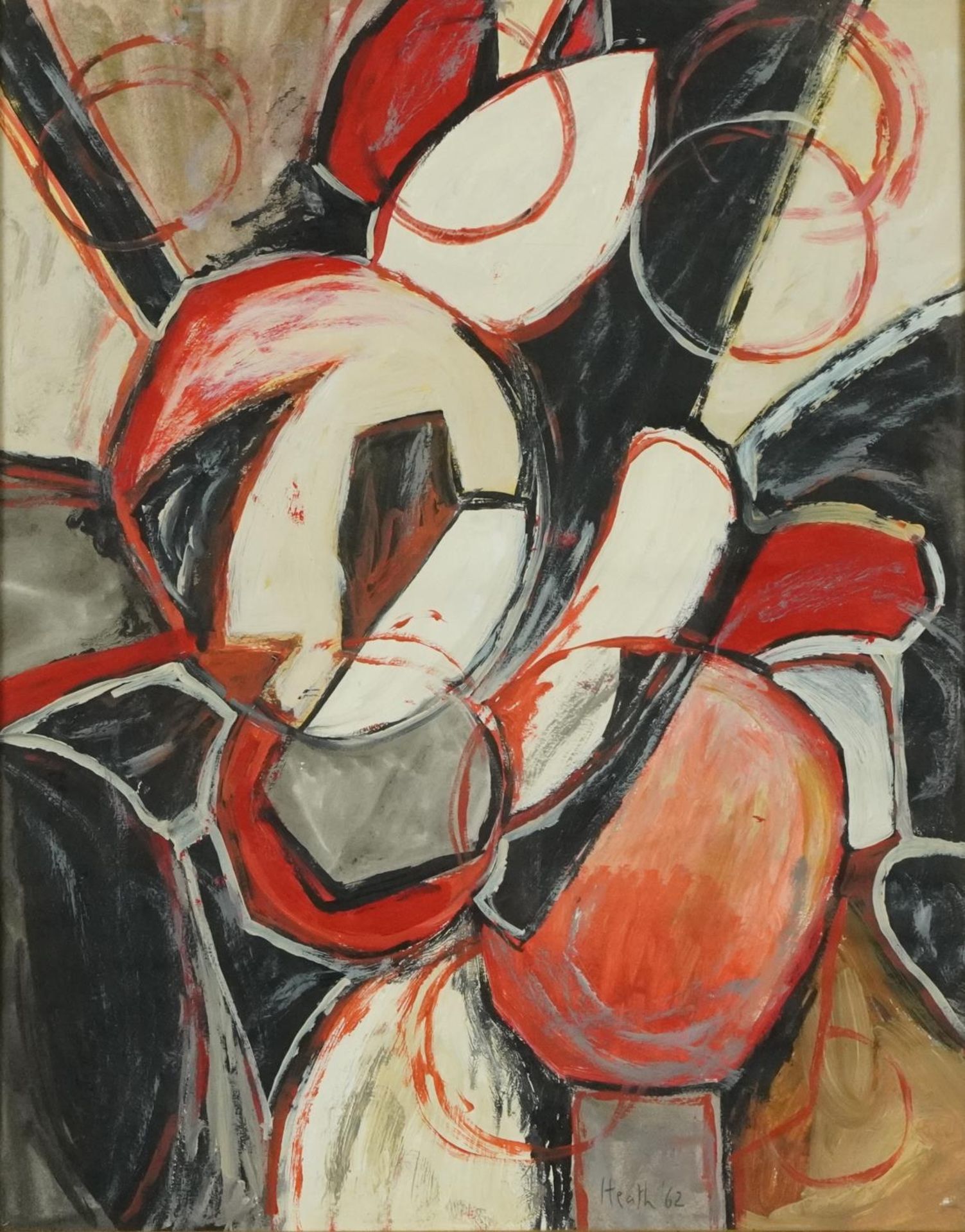 Circle of Adrian Heath - Abstract composition, acrylic on thin card in a gilt frame, 51cm x 40cm