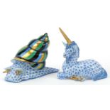 Herend, Hungarian hand painted porcelain fishnet pattern unicorn and a snail, the largest 9.5cm in