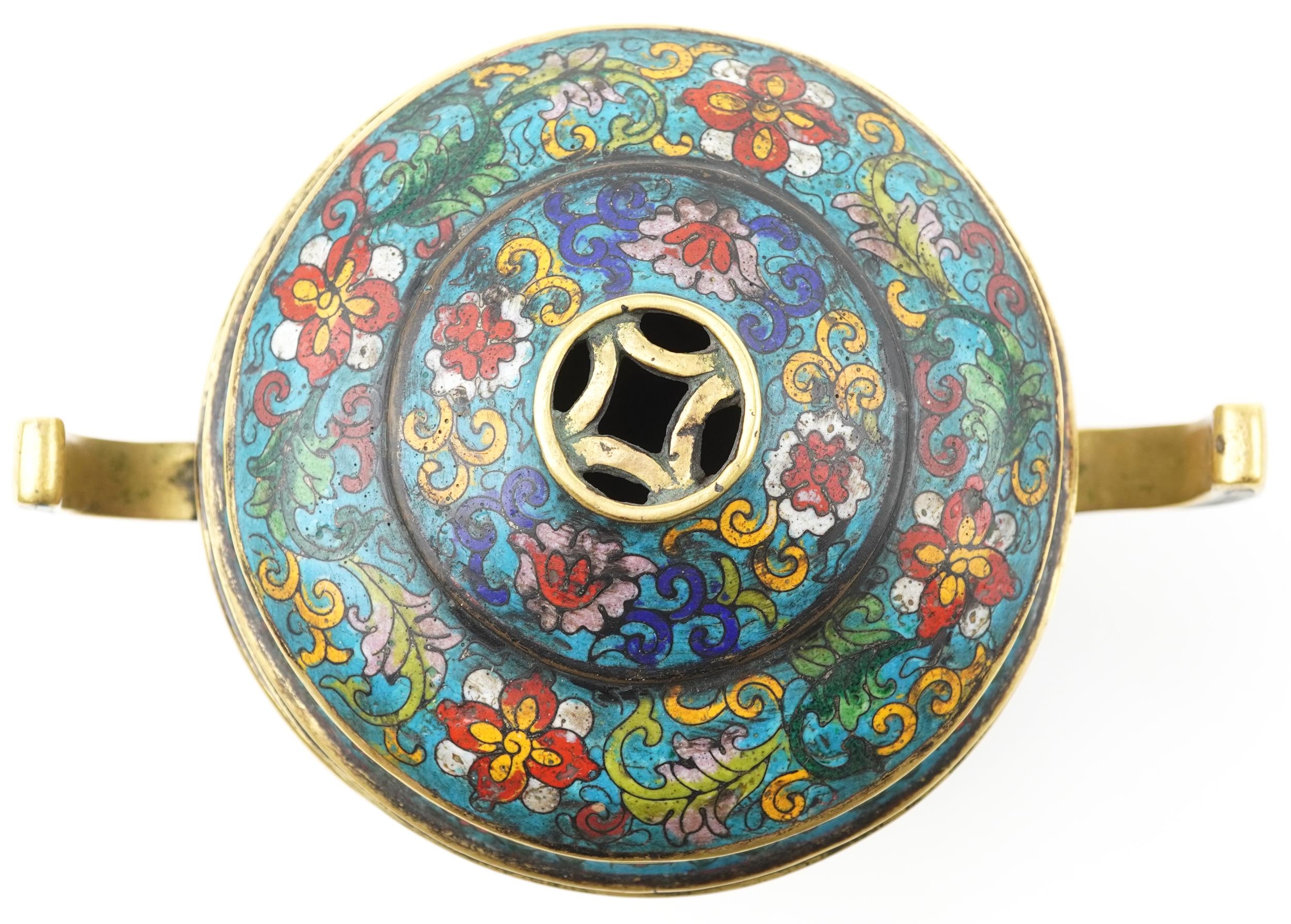 Chinese cloisonne patinated bronze tripod censer with pierced cover enamelled with flowers, four - Image 6 of 8