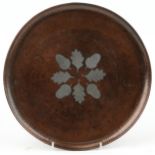 Hugh Wallis, Arts and Crafts copper, pewter inlaid acorn design tray, 27cm in diameter