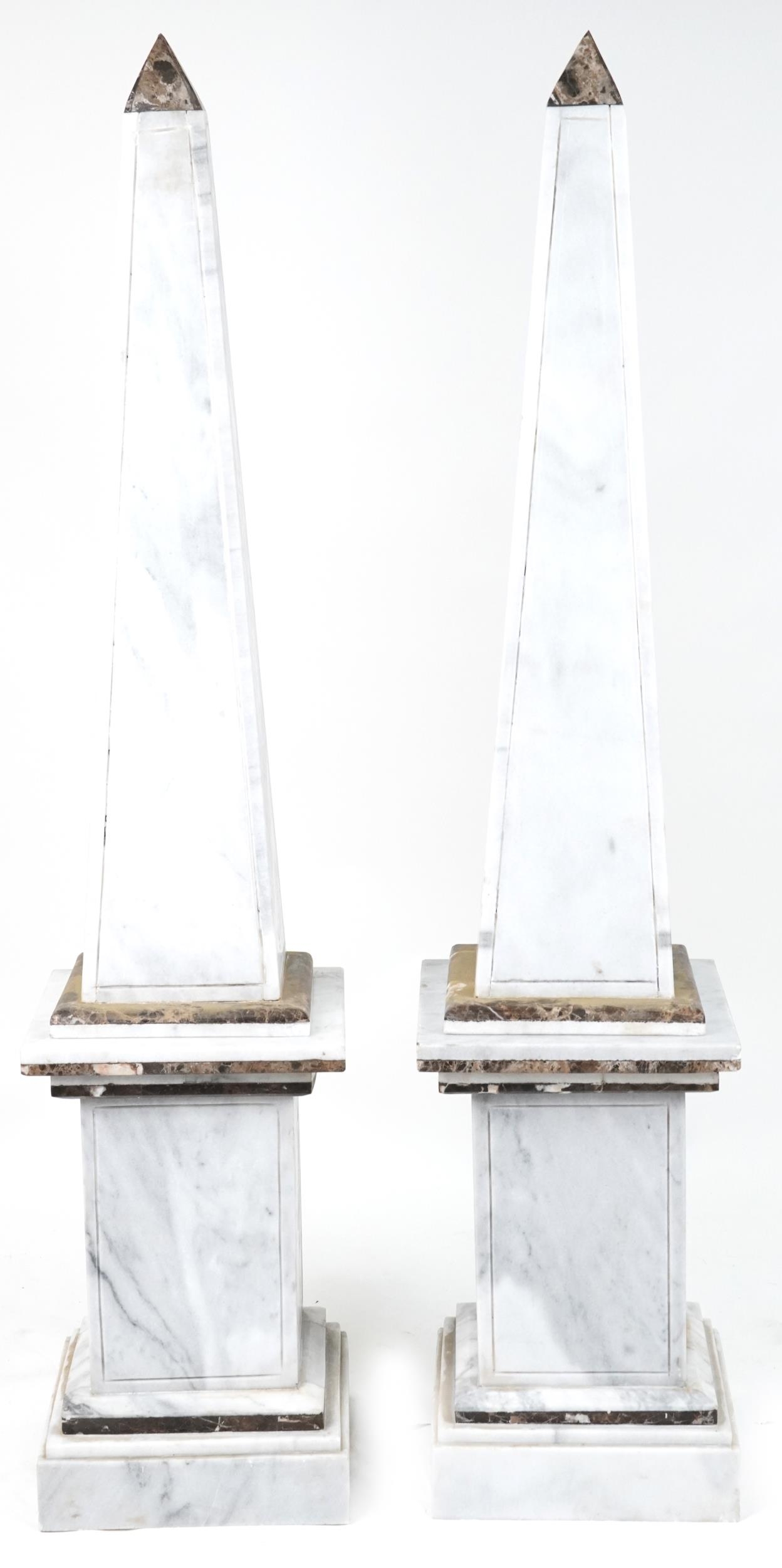 Pair of Grand Tour style floor standing white marble and hardstone obelisks on square stands, each - Image 2 of 2