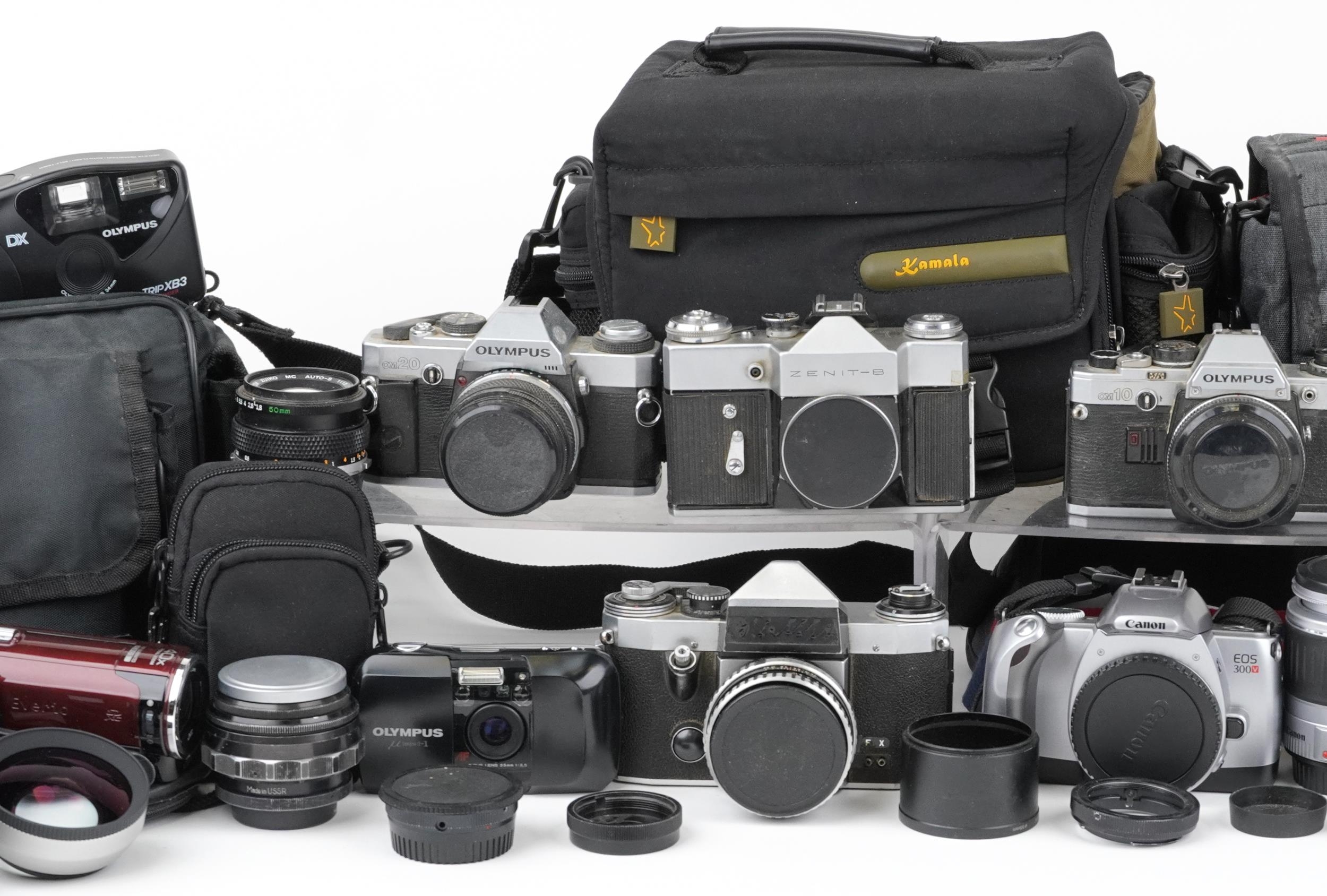 Vintage and later cameras, lenses and accessories including Zenit-B, Canon EOS300V, Olympus, - Image 3 of 4
