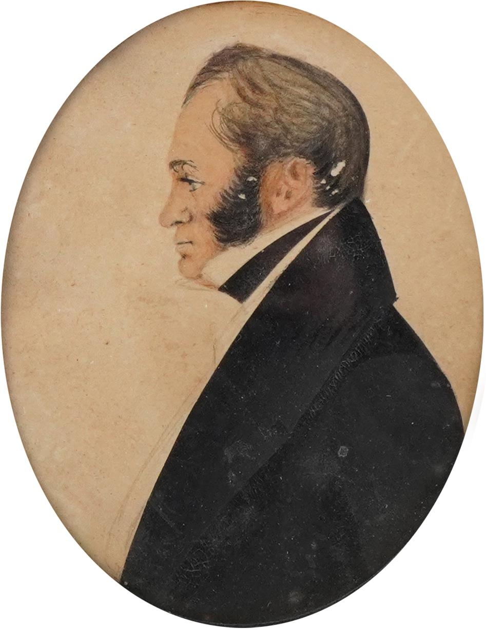 Two 19th century portrait miniatures onto paper of gentlemen, in ebonised frames, the largest 15cm x - Image 6 of 8