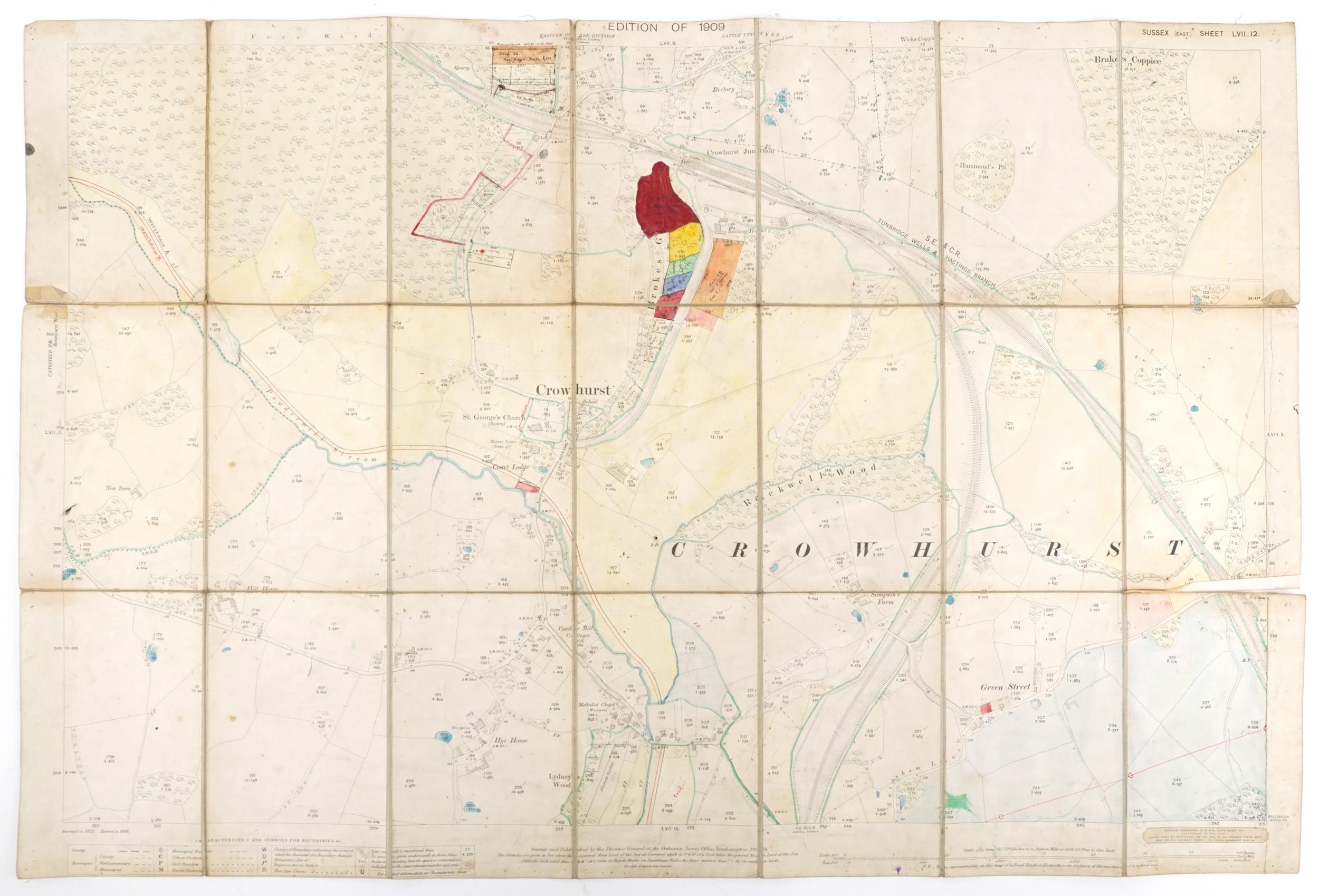 Nine Edwardian coloured folding maps of Sussex farms including Pebsham Farm, Court Lodge Farm, Upper - Image 14 of 21