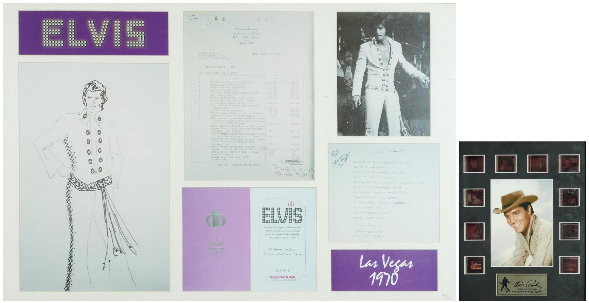 Elvis Presley memorabilia comprising a framed montage and a film cell, each mounted, framed and