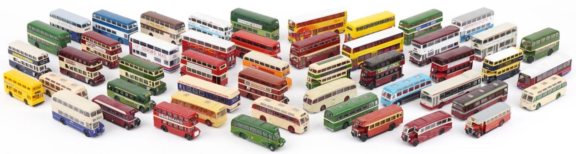 Large collection of diecast model buses, predominantly Corgi and Exclusive First Editions
