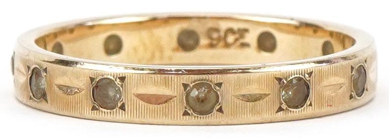 9ct gold engine turned clear stone eternity ring, size L, 1.8g - Image 2 of 4