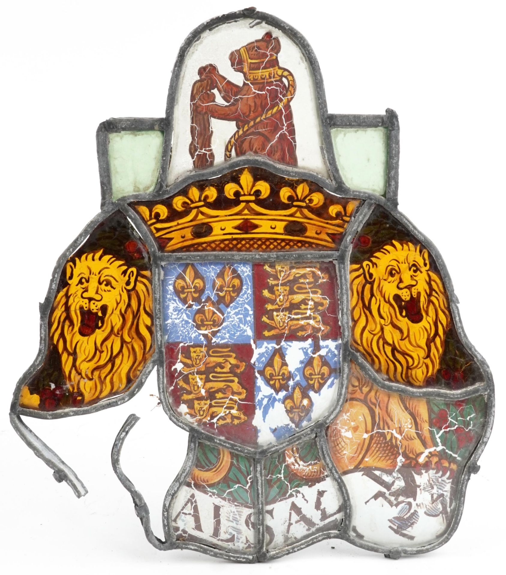 Four Danish leaded stained glass Heraldic Coat of Arms including one with lions and a bear, the - Bild 2 aus 9