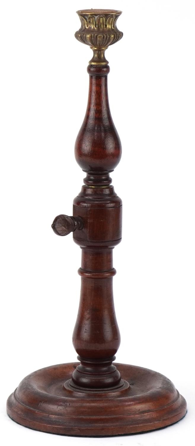 Victorian mahogany and brass rise and fall candlestick with brass sconce, 31cm when closed - Image 3 of 4