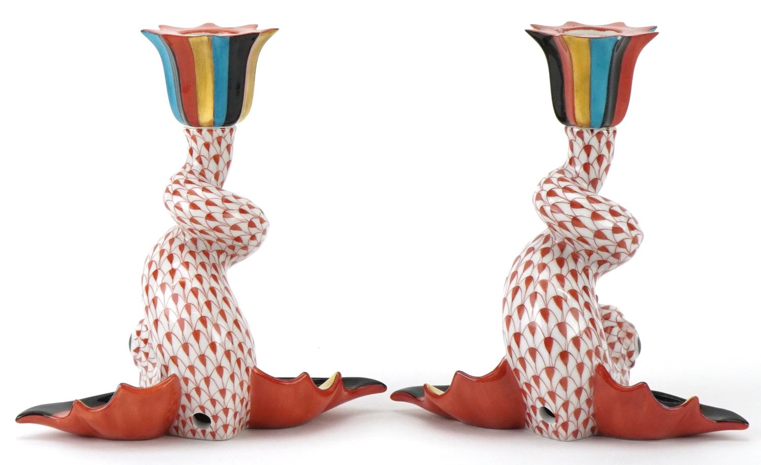 Herend, pair of Hungarian hand painted porcelain fishnet pattern candlesticks in the form of - Image 2 of 4