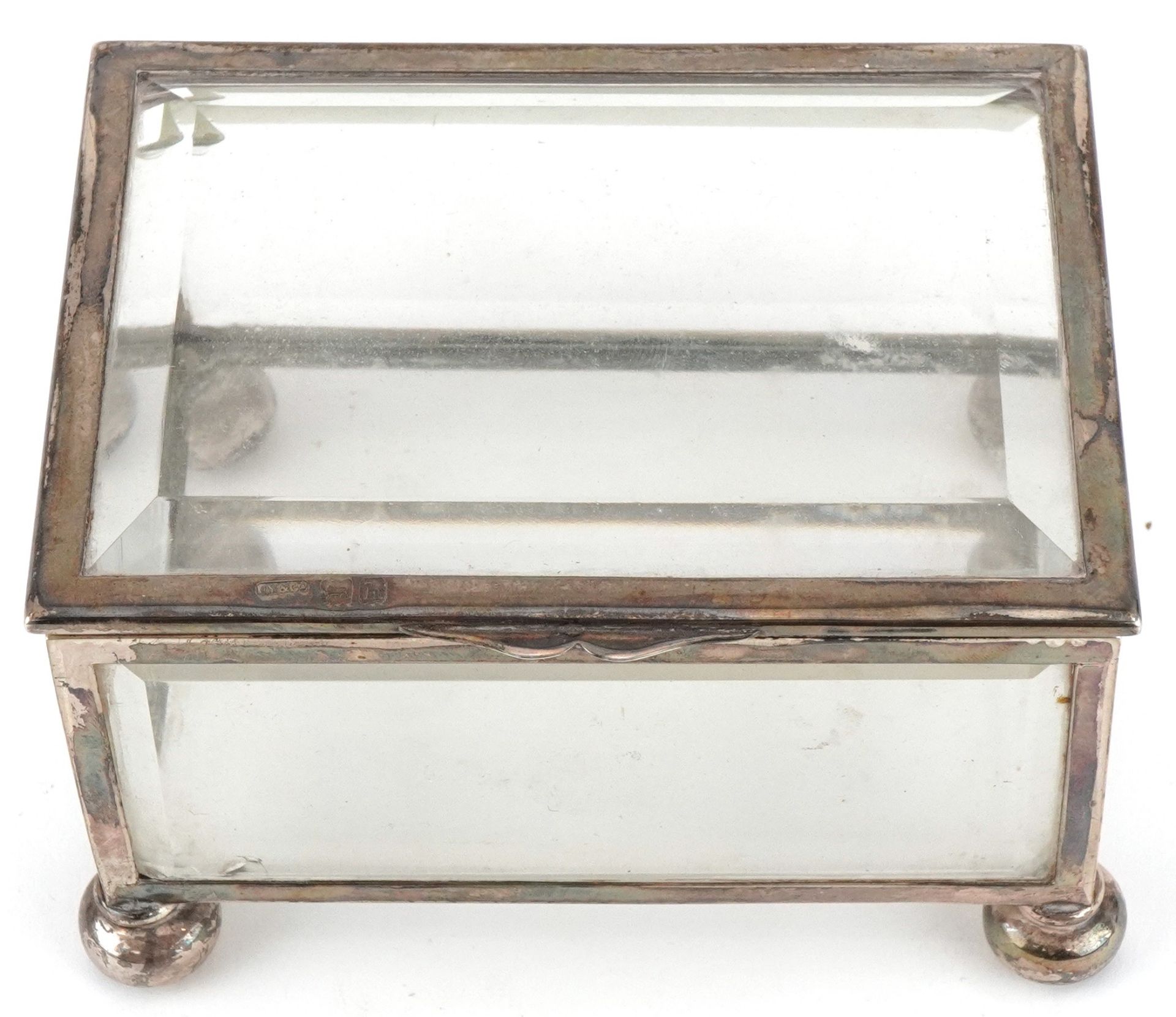 Grey & Co, Edwardian silver and bevelled glass jewel box raised on four bun feet, London 1903, 7cm H - Image 2 of 6