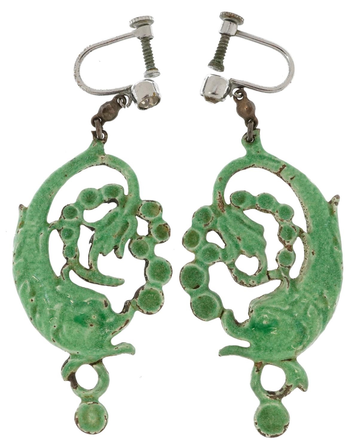 Pair of vintage silver, green enamel and clear stone Victorian dolphin earrings with screw backs,