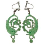 Pair of vintage silver, green enamel and clear stone Victorian dolphin earrings with screw backs,