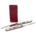 Georgian mother of pearl flanked silver folding fruit knife and fork housed in a fitted case,