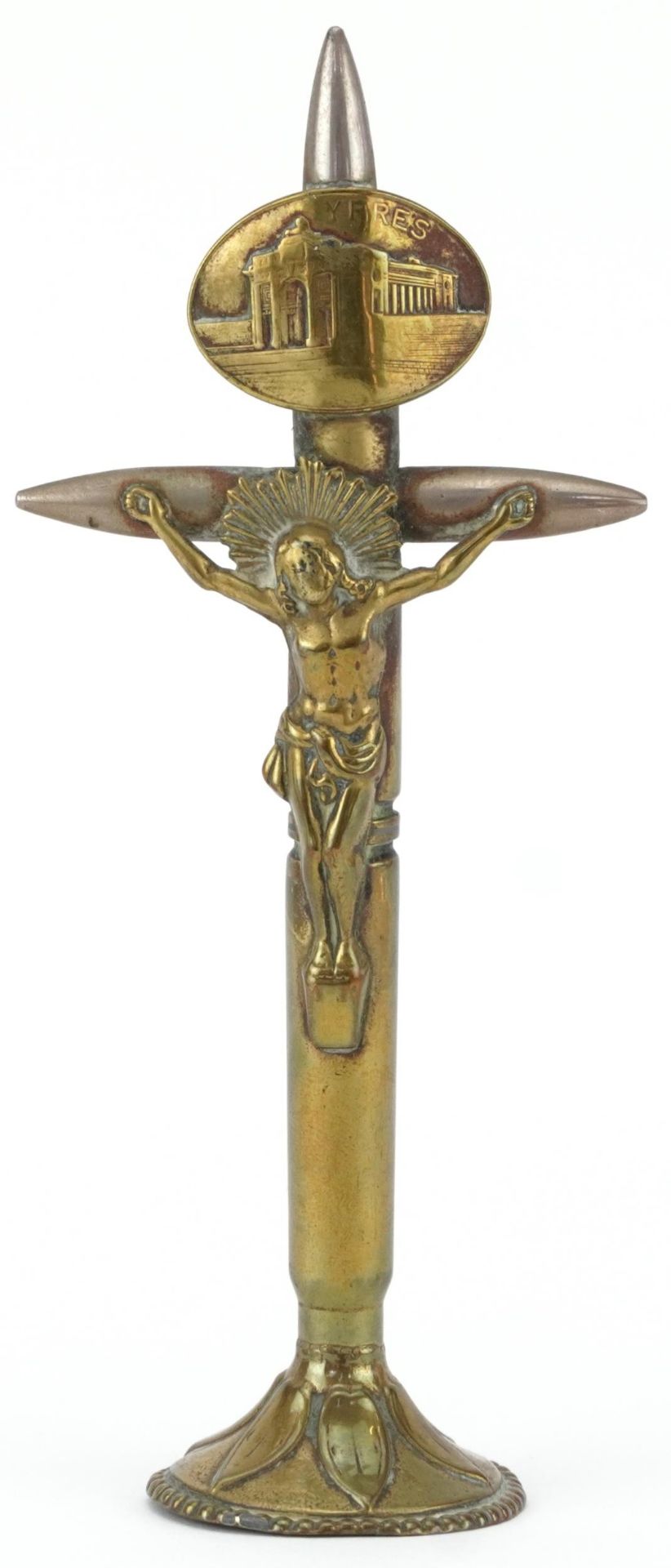 Military interest World War I Ypres trench art bullet Christ on a cross, 15cm high